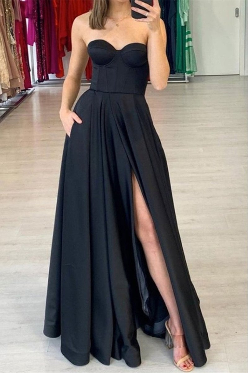 Ashley Simple Black Sweetheart Side Slit Sheath Evening Dresses With Pocket