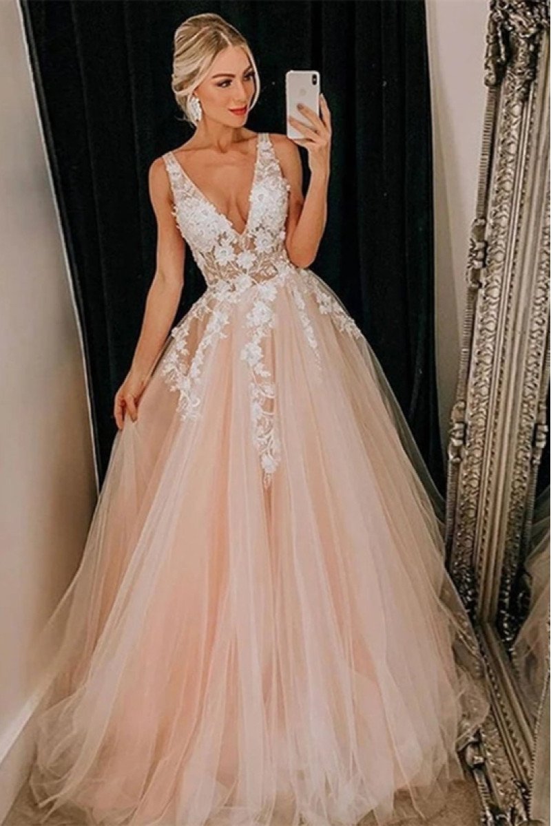 Astrid Lovely Coral V-Neck Appliques Ball Gown Evening Dresses