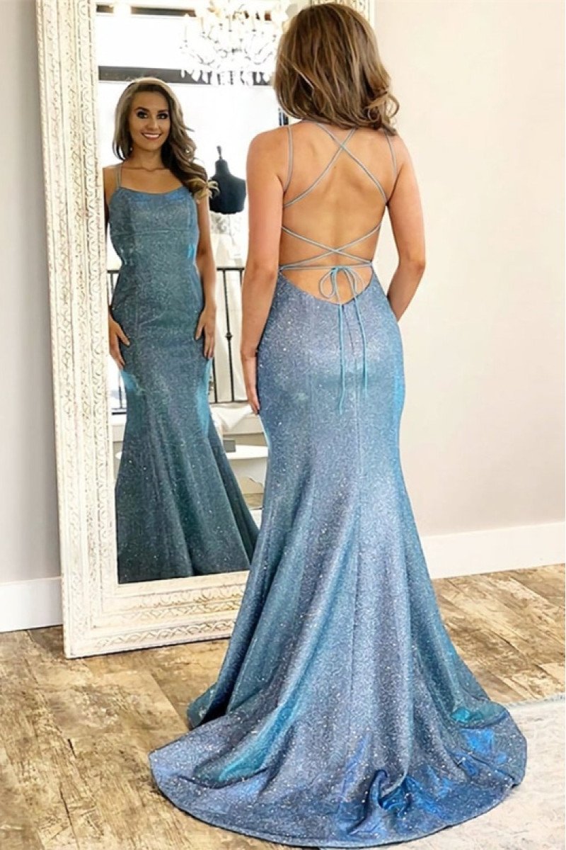 Athena Sparkle Ink Blue Sequins Spaghetti Straps Backless Mermaid Evening Dresses