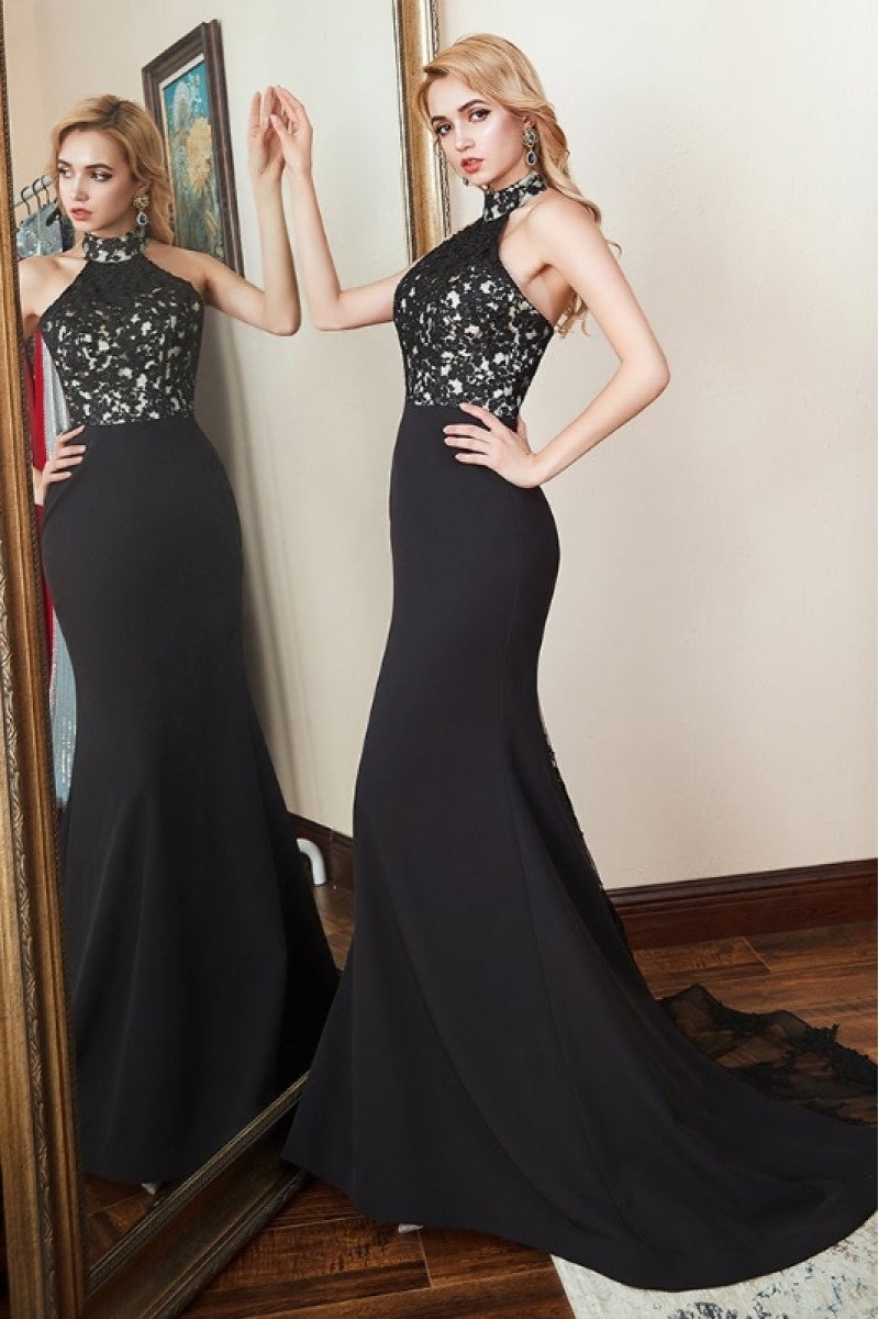 Avery Modern Black High Neck Open Back Appliques Mermaid Evening Dresses