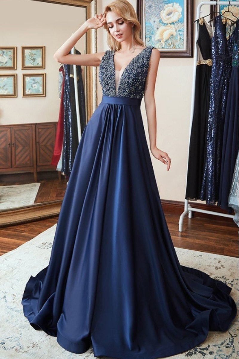 Bader Mild Dark Navy V-Neck Open Back Appliques A-Line Evening Dresses