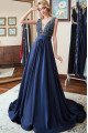 Bader Mild Dark Navy V-Neck Open Back Appliques A-Line Evening Dresses