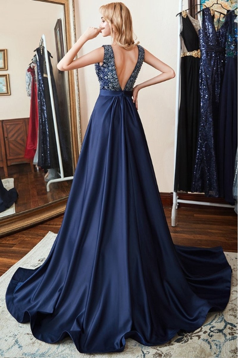 Bader Mild Dark Navy V-Neck Open Back Appliques A-Line Evening Dresses