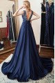 Bader Mild Dark Navy V-Neck Open Back Appliques A-Line Evening Dresses