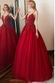 Barbara Beautiful Burgundy Spaghetti Straps Open Back Appliques Ball Gown Evening Dresses