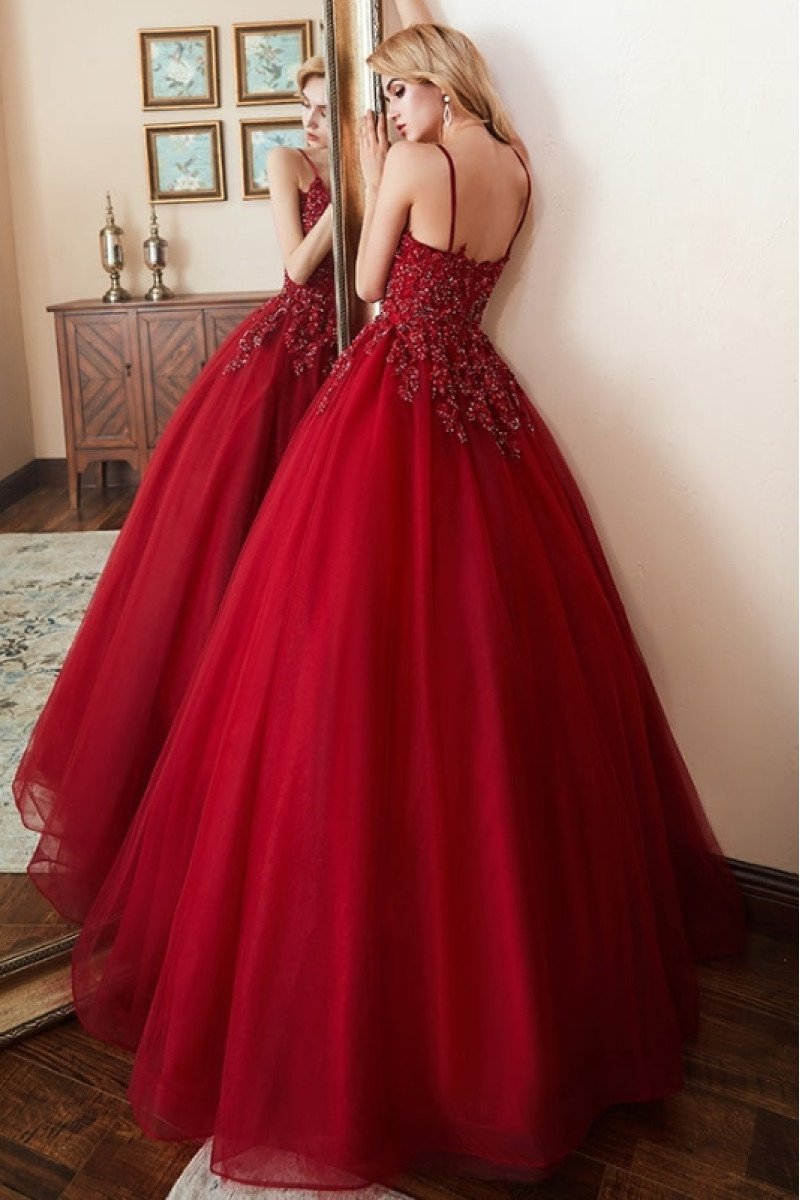 Barbara Beautiful Burgundy Spaghetti Straps Open Back Appliques Ball Gown Evening Dresses