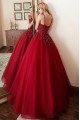 Barbara Beautiful Burgundy Spaghetti Straps Open Back Appliques Ball Gown Evening Dresses