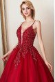 Barbara Beautiful Burgundy Spaghetti Straps Open Back Appliques Ball Gown Evening Dresses