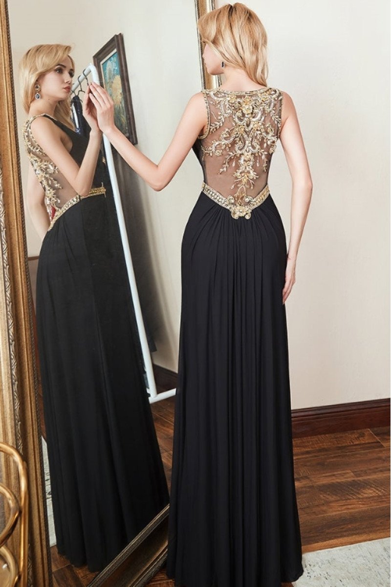 Beatrice Elegant Black V-Neck Open Back Appliques Sheath Evening Dresses