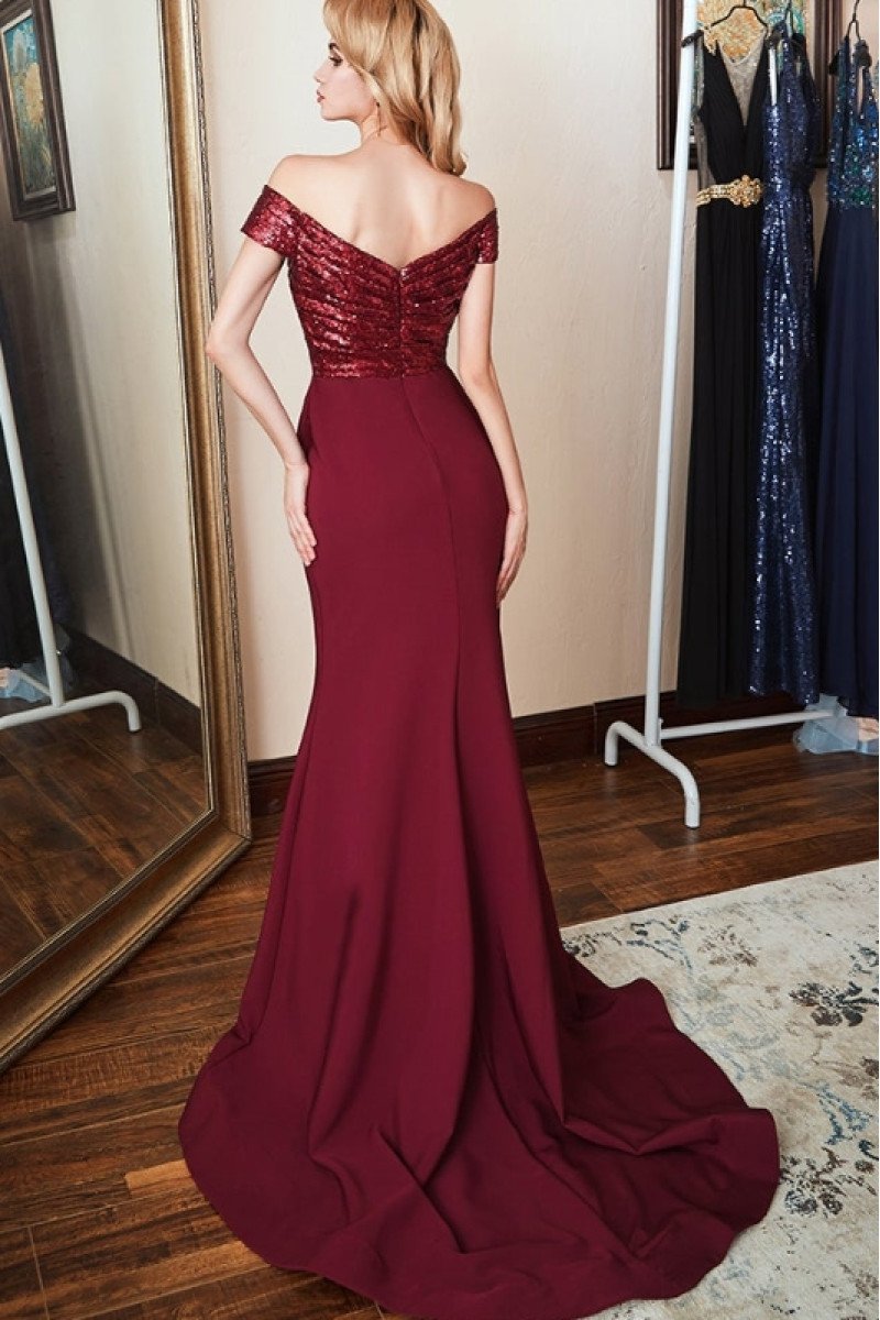 Bella Wonderful Burgundy Off Shoulder Sheath Evening Dresses With Sequins