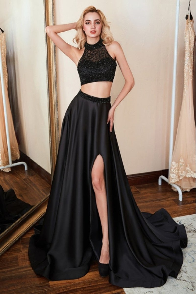 Bernice Sexy Black High Neck Beading Side Slit Two Pieces Evening Dresses