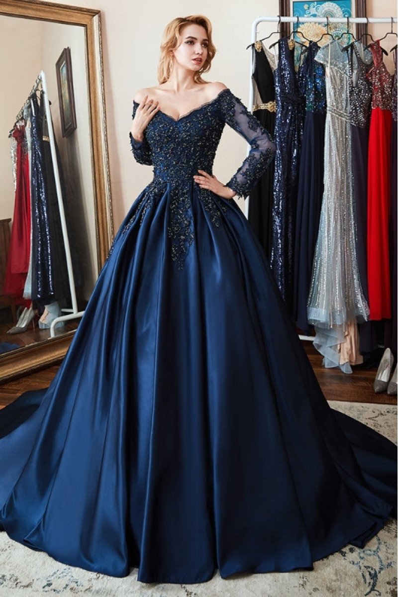 Bertha Generous Dark Navy Off Shoulder Appliques Long Sleeves Ball Gown Evening Dresses