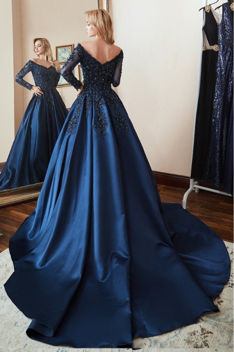 Bertha Generous Dark Navy Off Shoulder Appliques Long Sleeves Ball Gown Evening Dresses