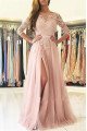 Betsy Lovely Nude Pink V-Neck Long Sleeves Backless Side Slit Appliques Sheath Evening Dresses