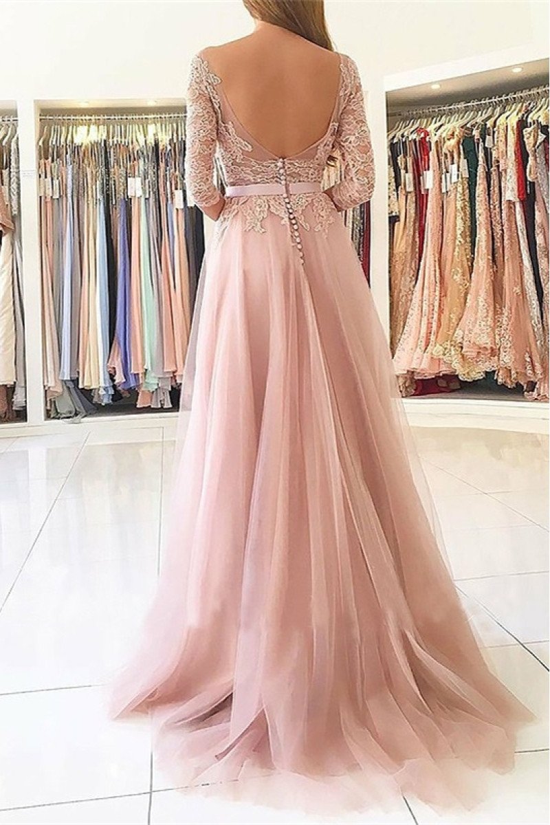 Betsy Lovely Nude Pink V-Neck Long Sleeves Backless Side Slit Appliques Sheath Evening Dresses