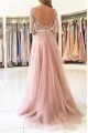 Betsy Lovely Nude Pink V-Neck Long Sleeves Backless Side Slit Appliques Sheath Evening Dresses