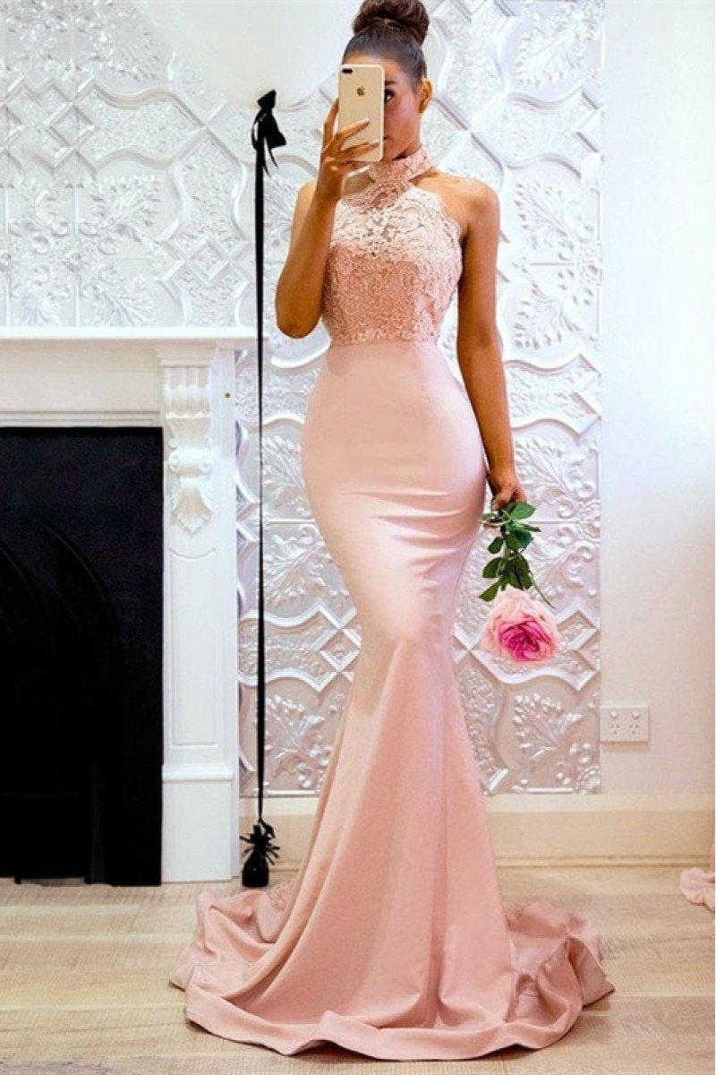 Beverly Lovely Pink Halter Open Back Appliques Mermaid Evening Dresses