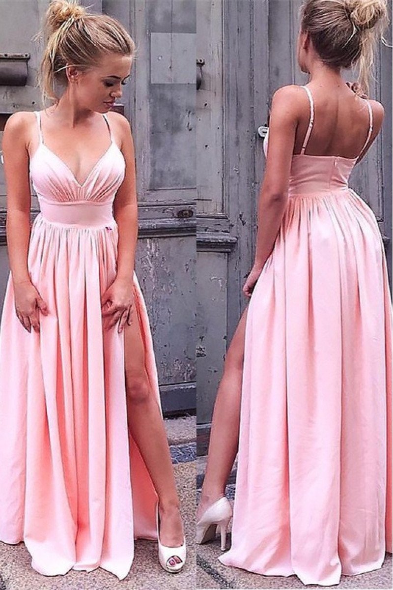 Blake Charming Candy Pink Spaghetti Straps Open Back Side Slit A-line Evening Dresses