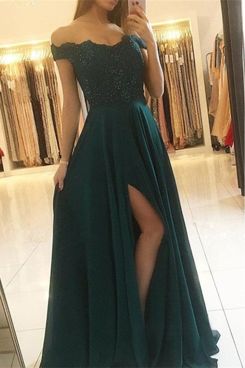 Blanche Elegant Dark Green Off Shoulder Side Slit Appliques Sheath Evening Dresses