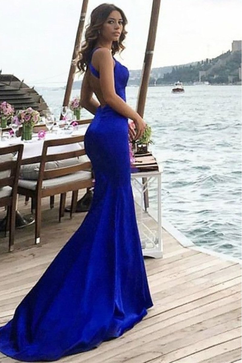 Brittany Sexy Royal Blue Halter Open Back Mermaid Evening Dresses With Keyhole