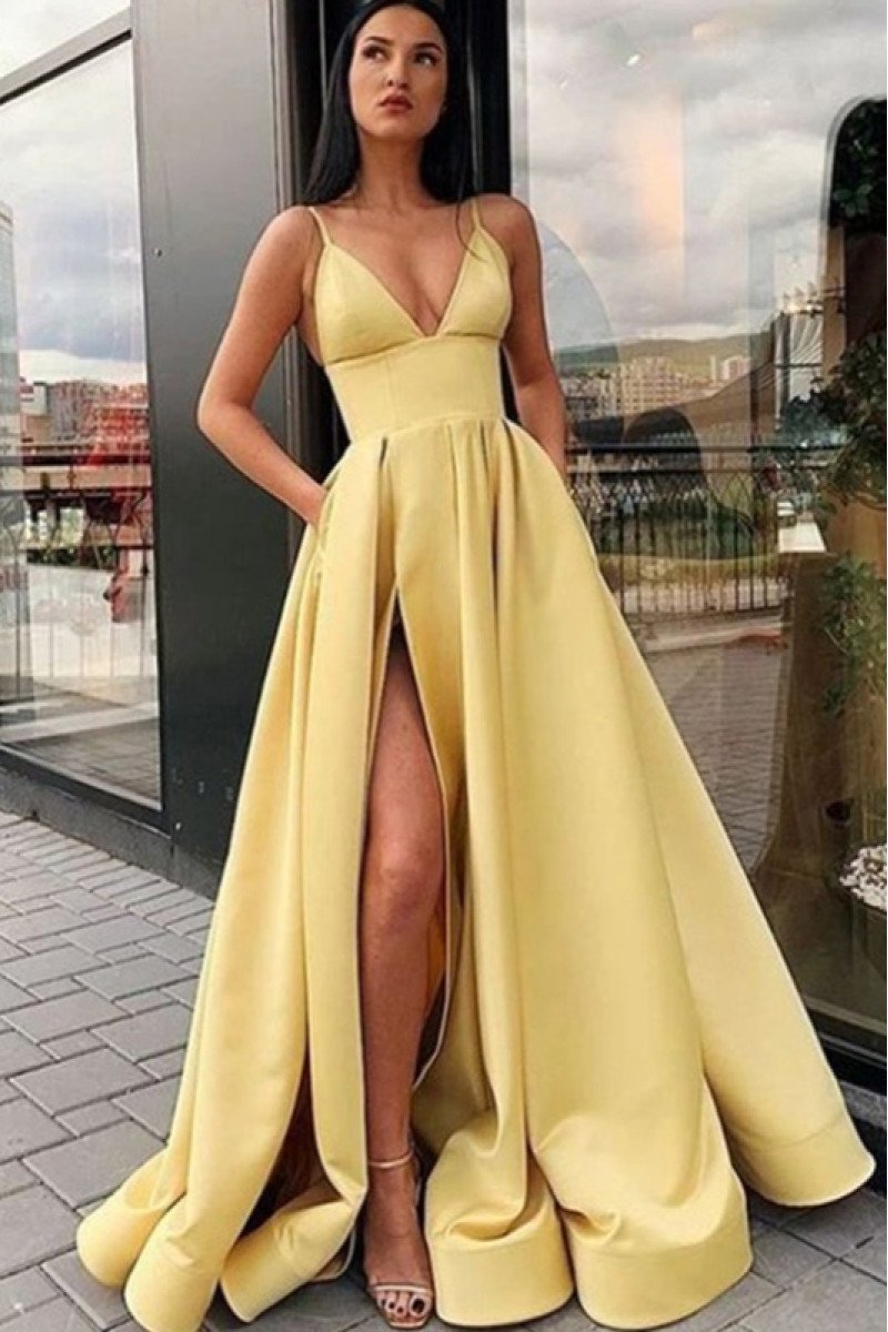 Brooklyn Gentle Yellow Spaghetti Straps Side Slit A-Line Evening Dresses With Pocket