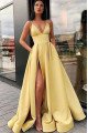 Brooklyn Gentle Yellow Spaghetti Straps Side Slit A-Line Evening Dresses With Pocket