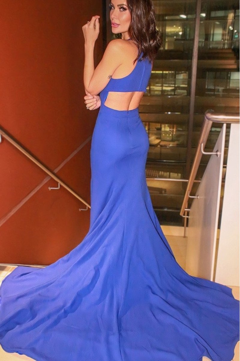 Candice Fancy Royal Blue Halter Side Slit Open Back Sheath Evening Dresses