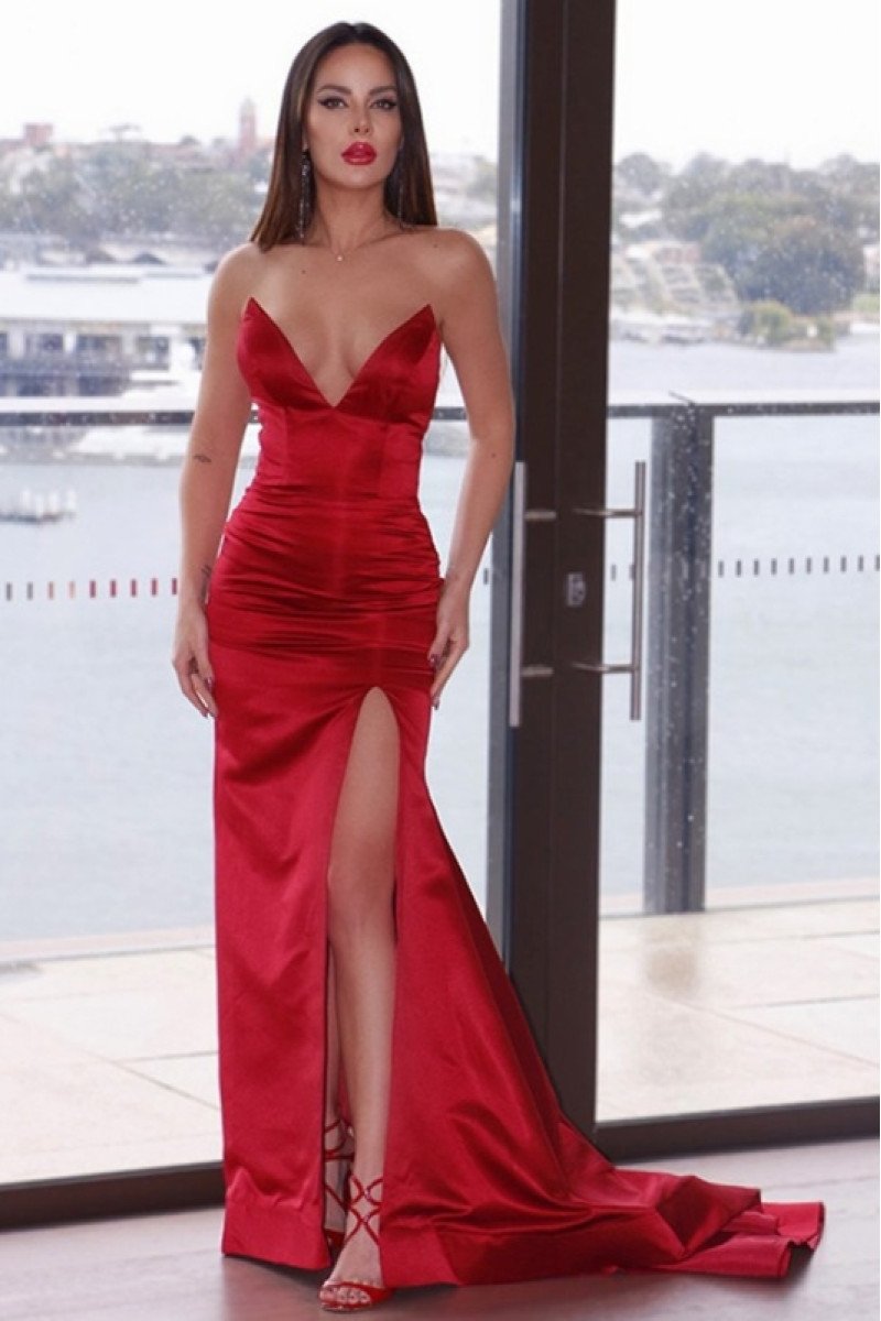 Carol Sexy Red Sweetheart Open Back Side Slit Sheath Evening Dresses