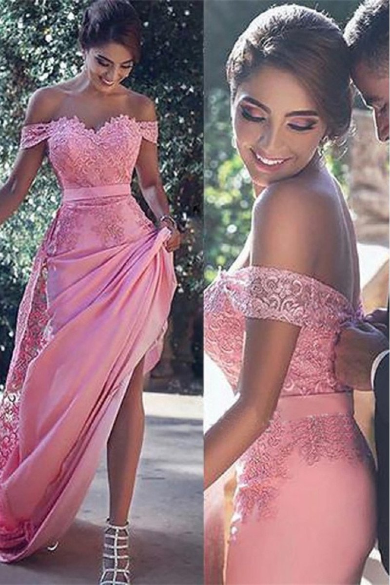 Caroline Charming Pink Off Shoulder Appliques Sheath Evening Dresses