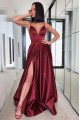 Catherine Gentle Burgundy Spaghetti Straps Side Slit Open Back A-Line Evening Dresses