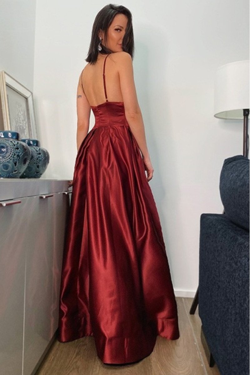 Catherine Gentle Burgundy Spaghetti Straps Side Slit Open Back A-Line Evening Dresses