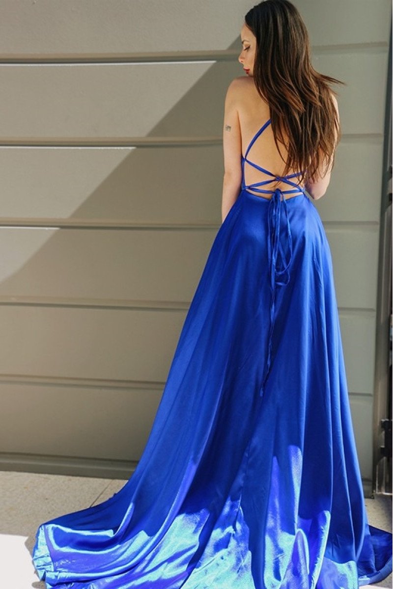 Celeste Fancy Royal Blue Halter Side Slit Backless A-Line Evening Dresses