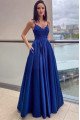 Celine Wonderful Dark Blue Spaghetti Straps Appliques A-Line Evening Dresses With Pocket