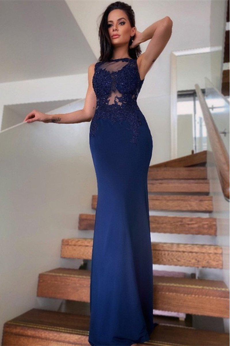 Charleen Elegant Dark Navy Jewel Appliques Sheath Evening Dresses With Keyhole