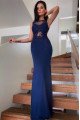 Charleen Elegant Dark Navy Jewel Appliques Sheath Evening Dresses With Keyhole