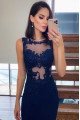 Charleen Elegant Dark Navy Jewel Appliques Sheath Evening Dresses With Keyhole