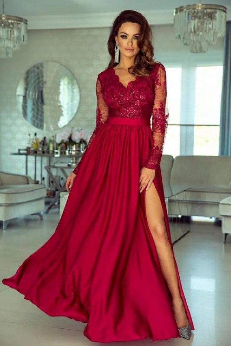 Cheryl Gentle Burgundy V-Neck Long Sleeves Side Slit A-Line Appliques Evening Dresses