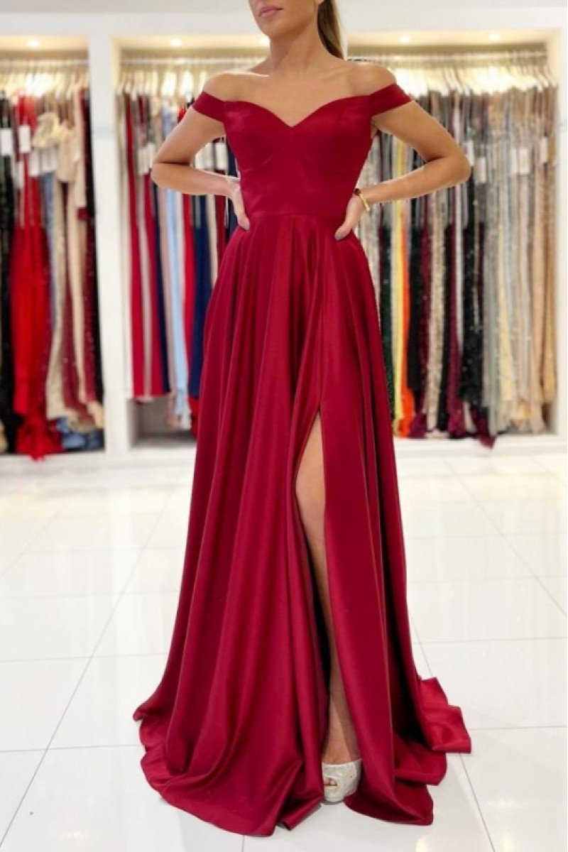 Christian Beautiful Burgundy Off Shoulder Side Slit Sheath Evening Dresses