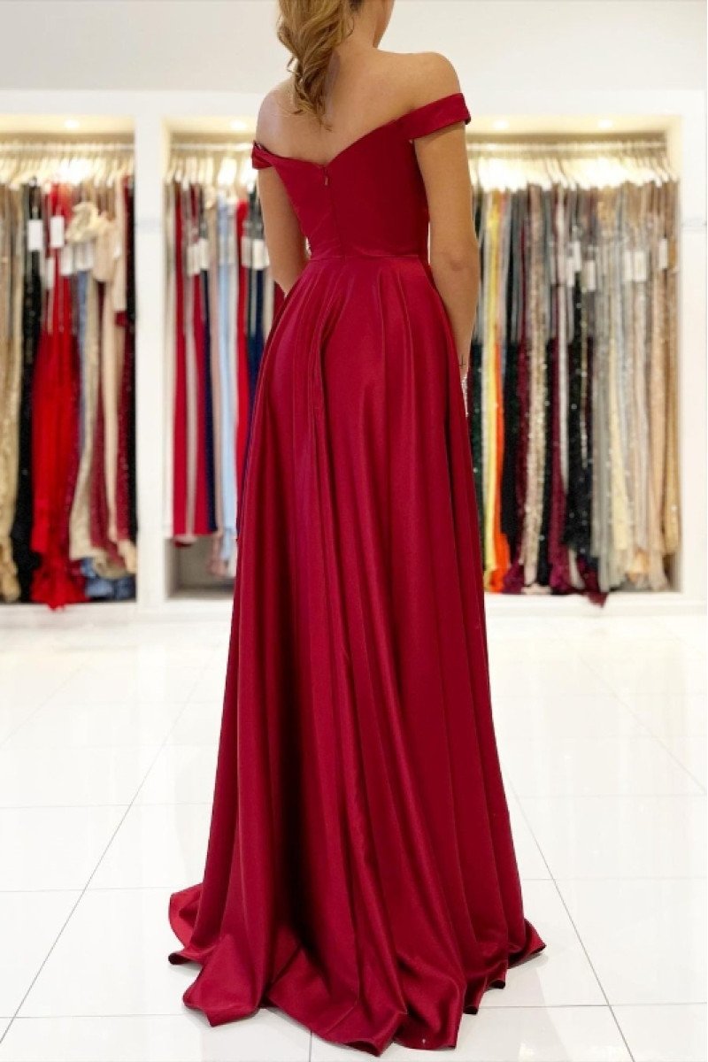 Christian Beautiful Burgundy Off Shoulder Side Slit Sheath Evening Dresses