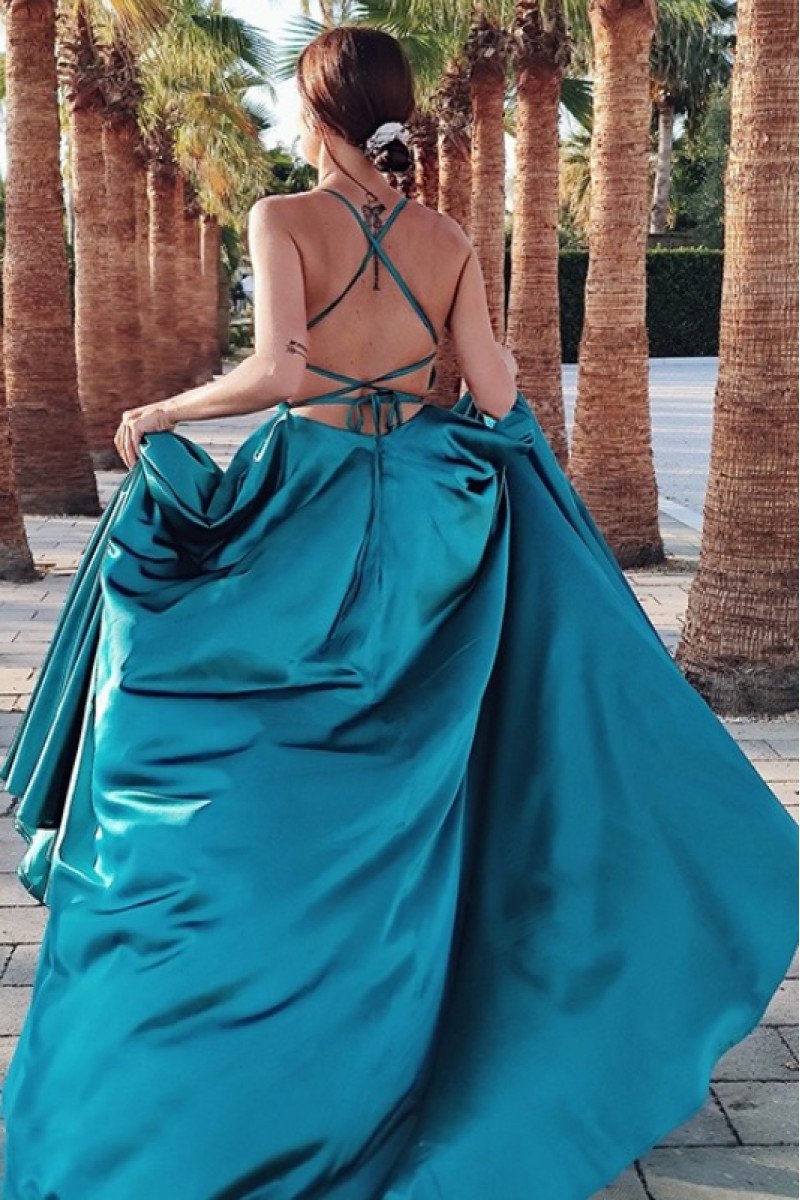 Christie Chic Jade Halter Backless Side Slit Sheath Evening Dresses