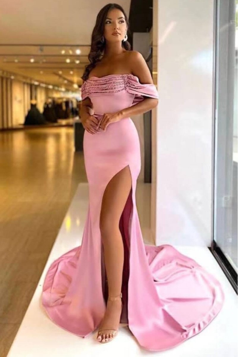 Christina Elegant Pink Off Shoulder Side Slit Ruffles Beading Sheath Evening Dresses