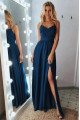 Christine Gentle Blue Spaghetti Straps Side Slit Appliques Sheath Evening Dresses