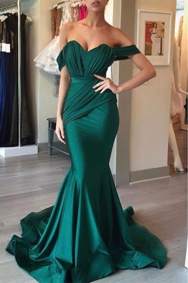 Claire Elegant Dark Green Off Shoulder Ruffles Mermaid Evening Dresses