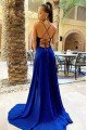 Cora Beautiful Dark Blue Spaghetti Straps Side Slit Backless Sheath Evening Dresses