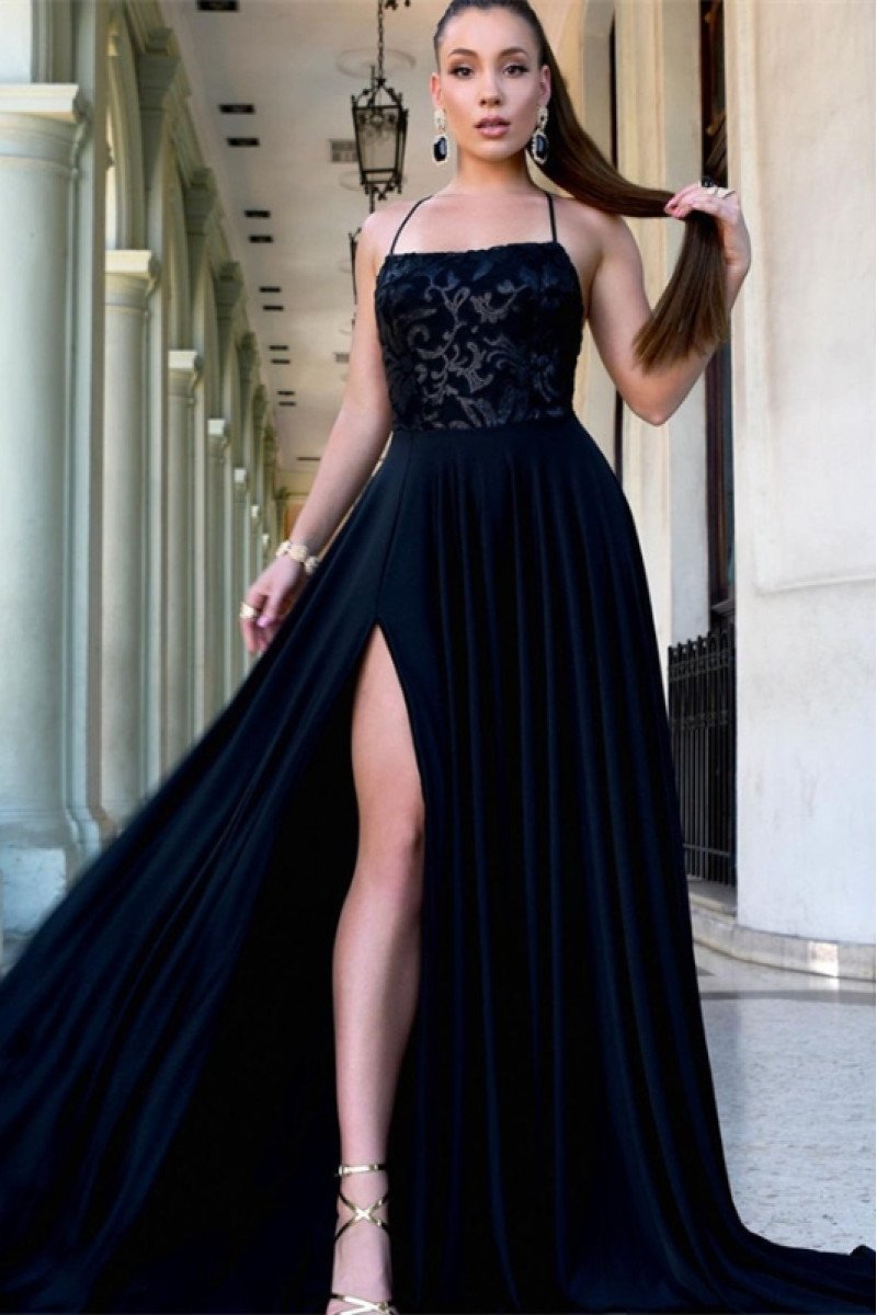 Coral Wonderful Black Halter Side Slit Backless Appliques A-line Evening Dresses