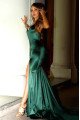 Corey Chic Turquoise Spaghetti Strap Side Slit Open Back Sheath Evening Dresses