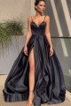 Cornelia Simple Black Spaghetti Straps Side Slit A-Line Evening Dresses