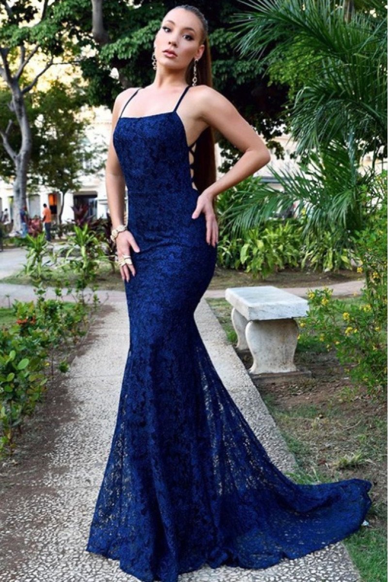 Cynthia Mild Dark Navy Halter Backless Lace Sheath Evening Dresses