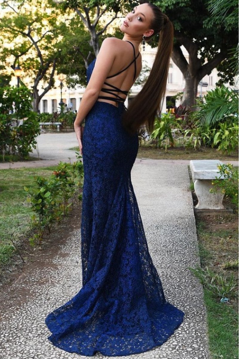 Cynthia Mild Dark Navy Halter Backless Lace Sheath Evening Dresses