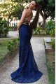 Cynthia Mild Dark Navy Halter Backless Lace Sheath Evening Dresses